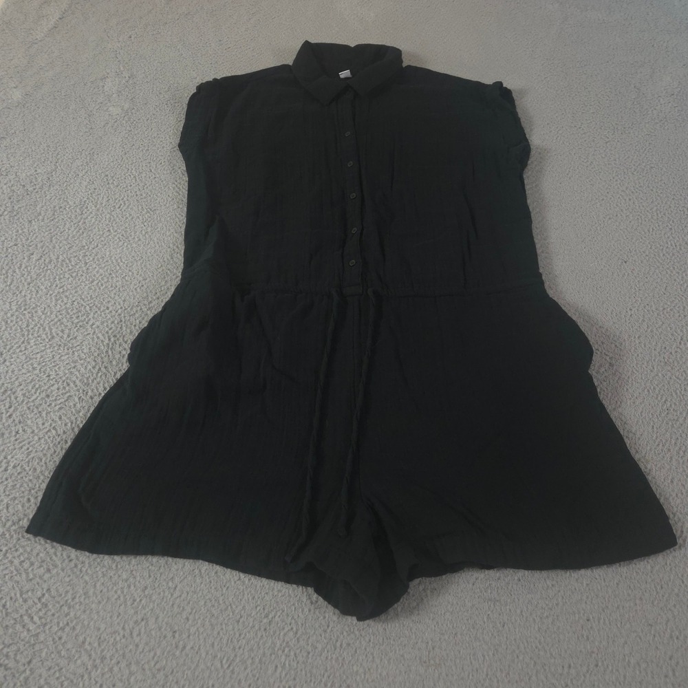 Old Navy Romper Womens XL Tall Black Waist-Defined Crinkle Gauze Button Front